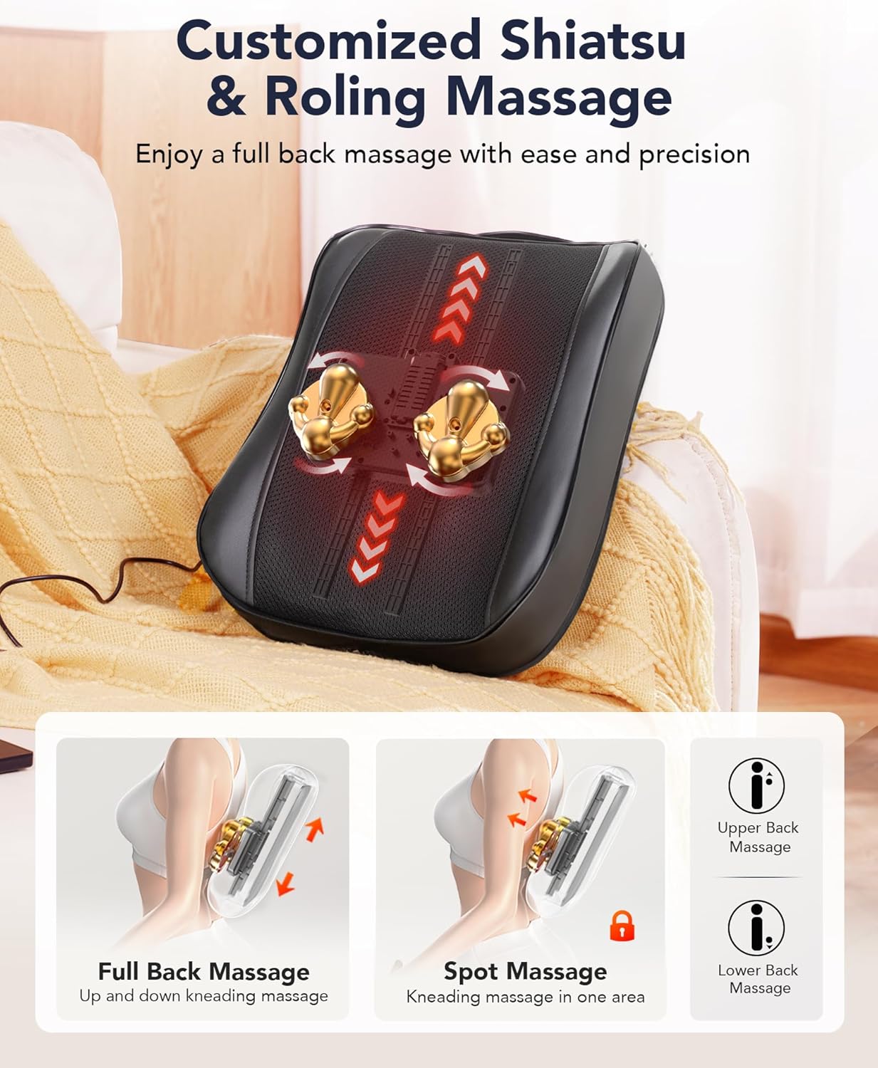Boriwat Back Massager with Heat, Shiatsu 4D Kneading Rolling Up and Down Back Massage