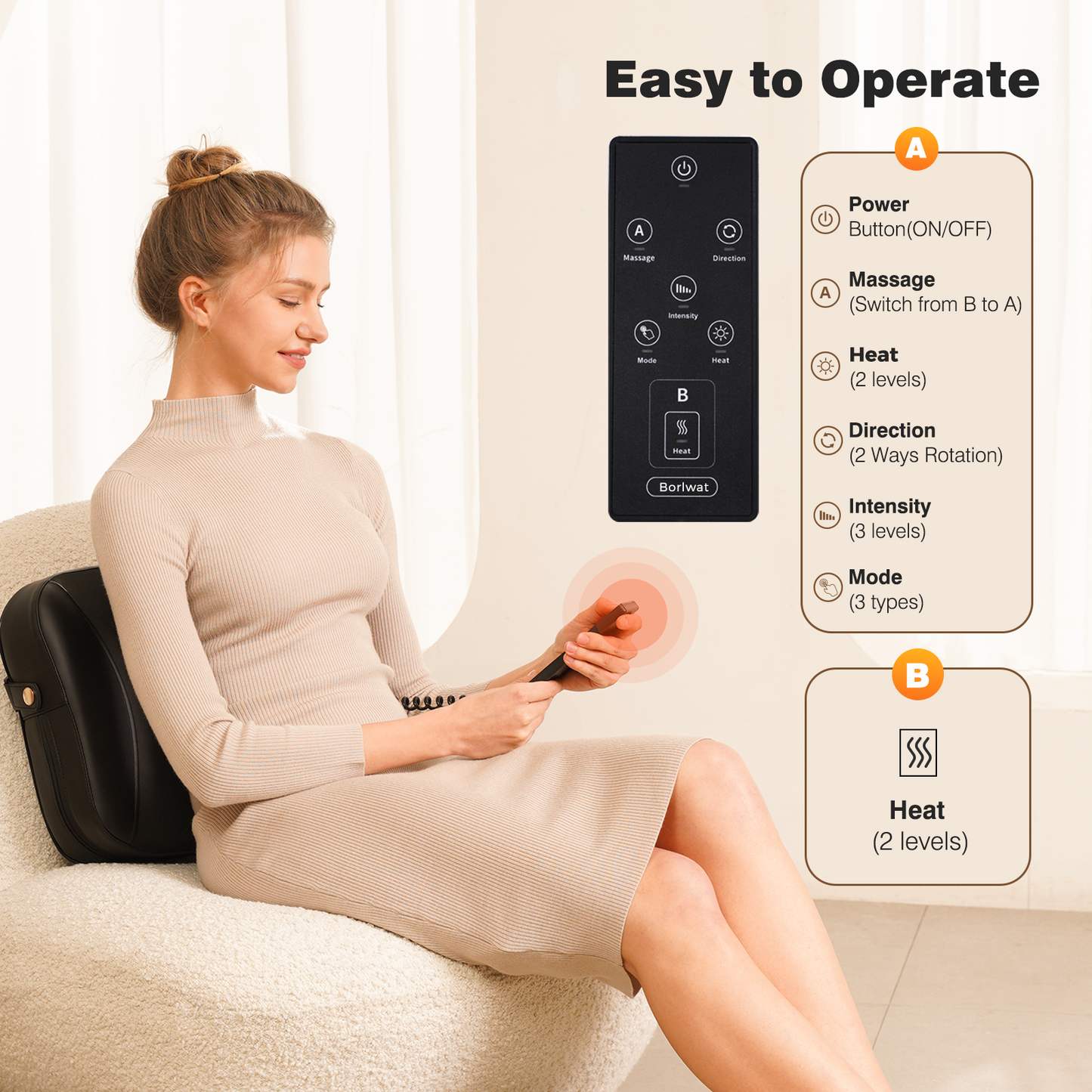 Boriwat Back Massager with Heat, Shiatsu Neck Massagers Deep Tissue Kneading, Black