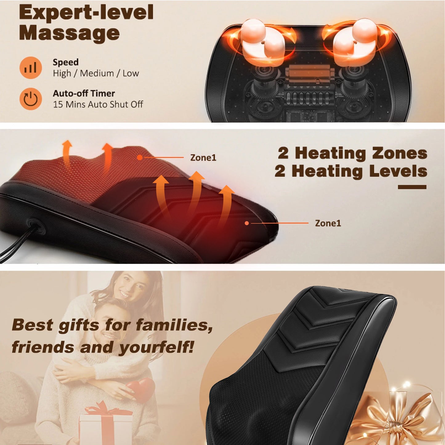 Boriwat Back Massager with Heat for Pain relief Deep Tissue, BLACK